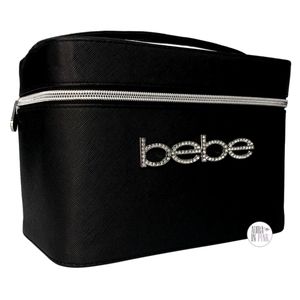 Bebe Black Faux Saffiano Leather Bling Logo Carryall Cosmetics Case